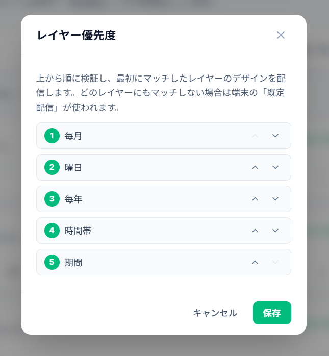 優先度設定モーダル。5 レイヤーが並び替え可能な状態で表示